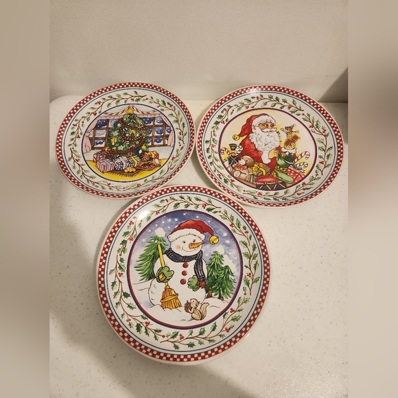 Vintage Lilian Vernon Ceramic 9in Plates Santa Christmas Snowman Tree Set Of 3 - Picture 1 of 6